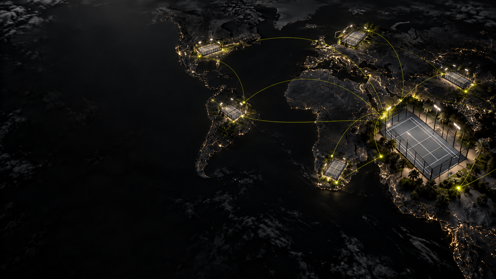 Concept visual of a world map connecting illuminated padel courts