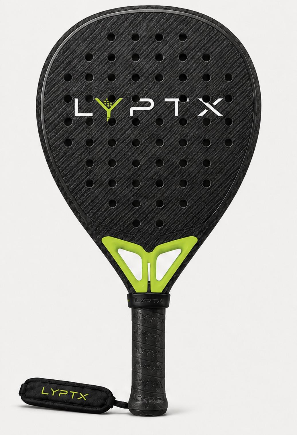 LYPTX ONE carbon-fiber padel racket with the LYPTX Ring installed directly below the throat