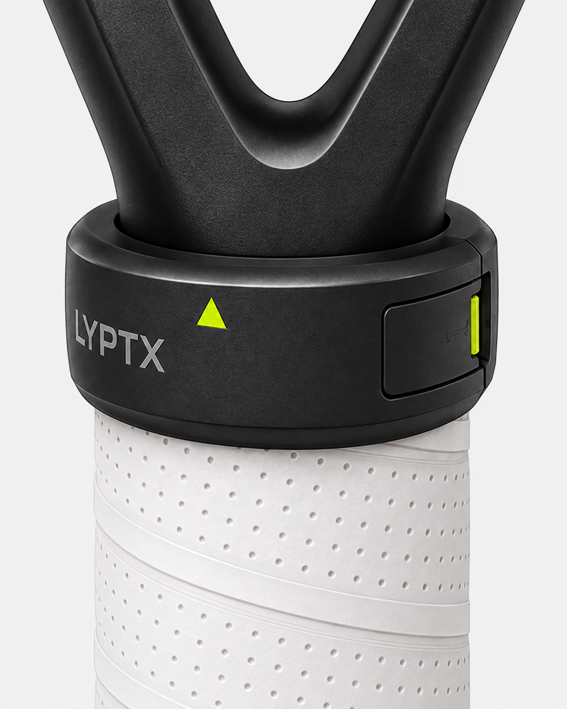 LYPTX semi-rigid smart collar with a micro-ratchet closure and orientation marker, fitted below the racket throat